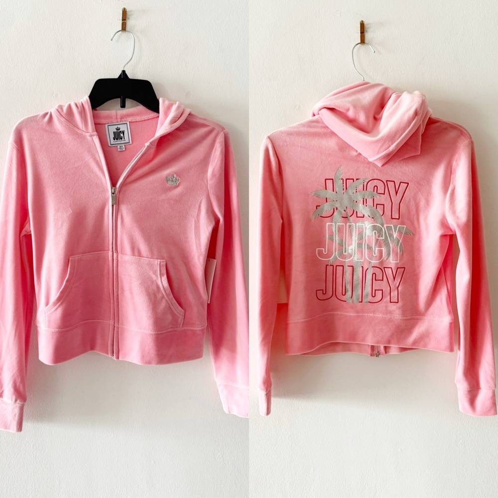 NEW Juicy Couture Flamingo Pink Velour Hooded Zip Up Track Jacket Size XS